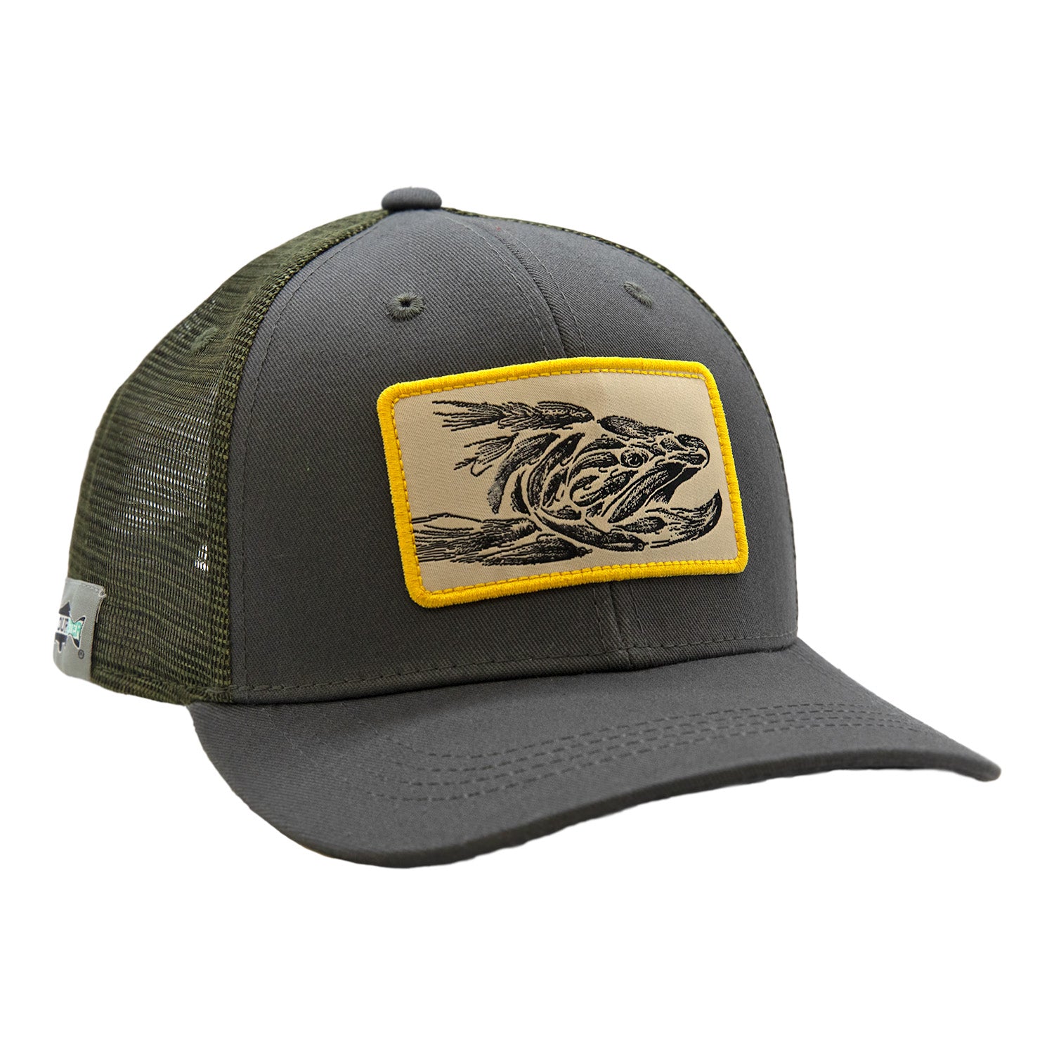 Dark gray cotton hat with a green mesh back with a patch on the fron in gray with a yellow border that shows a trout head made up of fishing flies