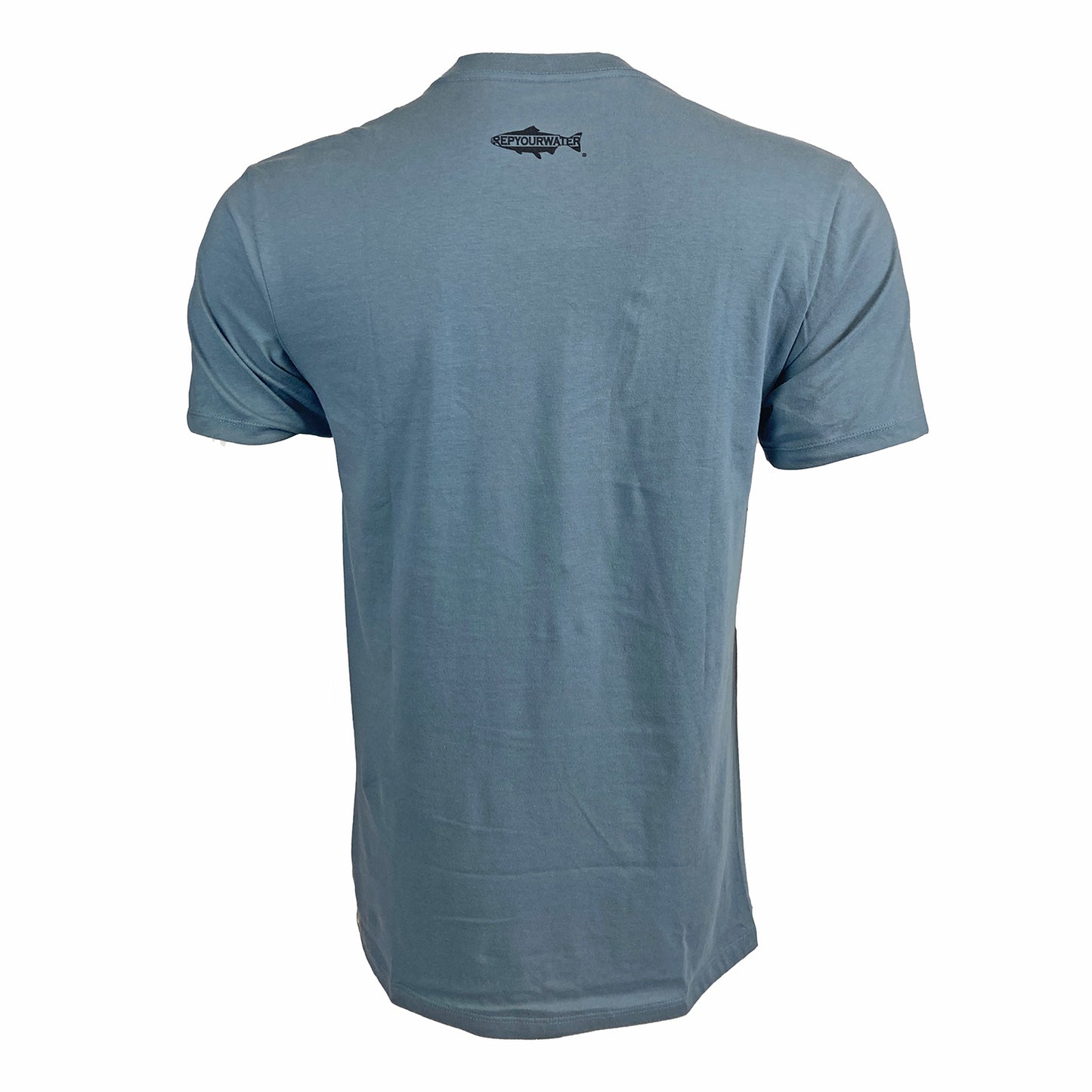 Blue tee shown from the back with Rep Your Water logo just below the neck line.