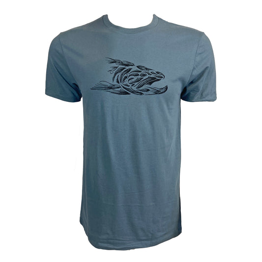 Blue tee shown from the front with artistically rendered flies creating a trout head on the chest.