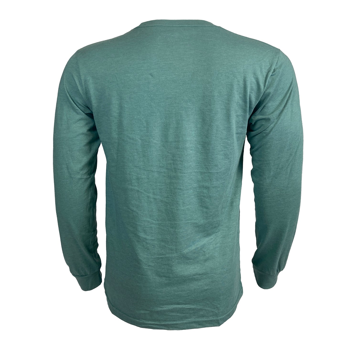 Blue long sleeved tee shown from the back.