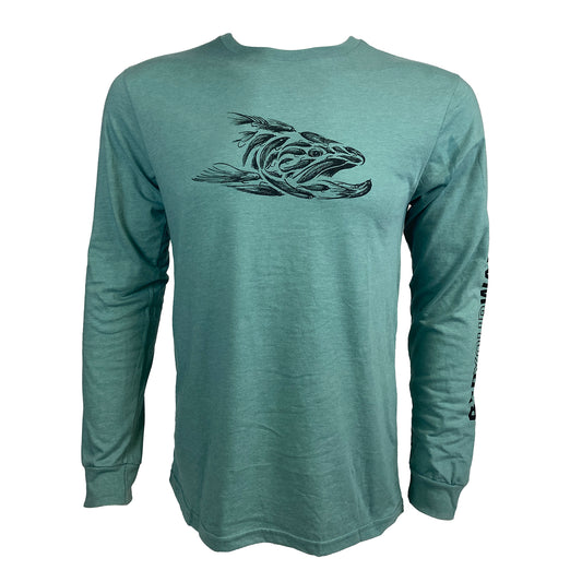 Blue long sleeved tee with artistically rendered flies creating a trout head on the chest and Rep Your water down wearer's left sleeve.