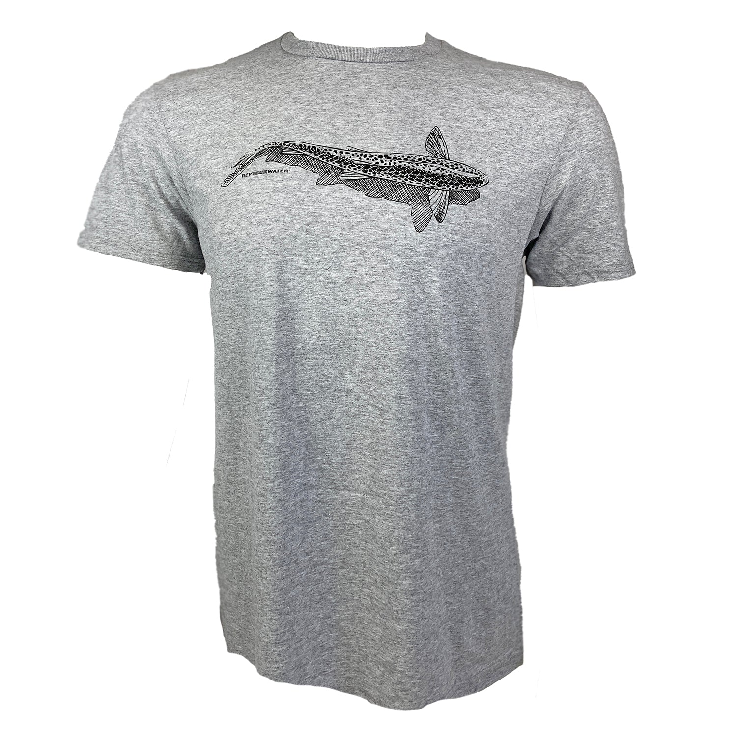 Gray tee with artistically rendered overhead view of swimming trout across the chest.