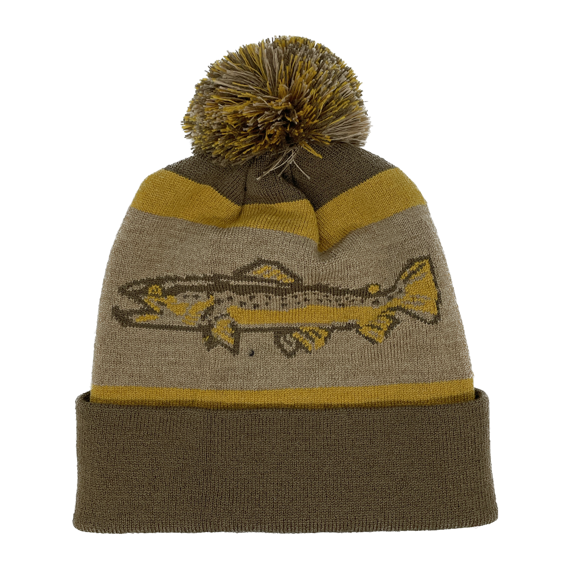 A winter hat with a brown cuff shows a brown trout on the main area with a multi colored poof on top