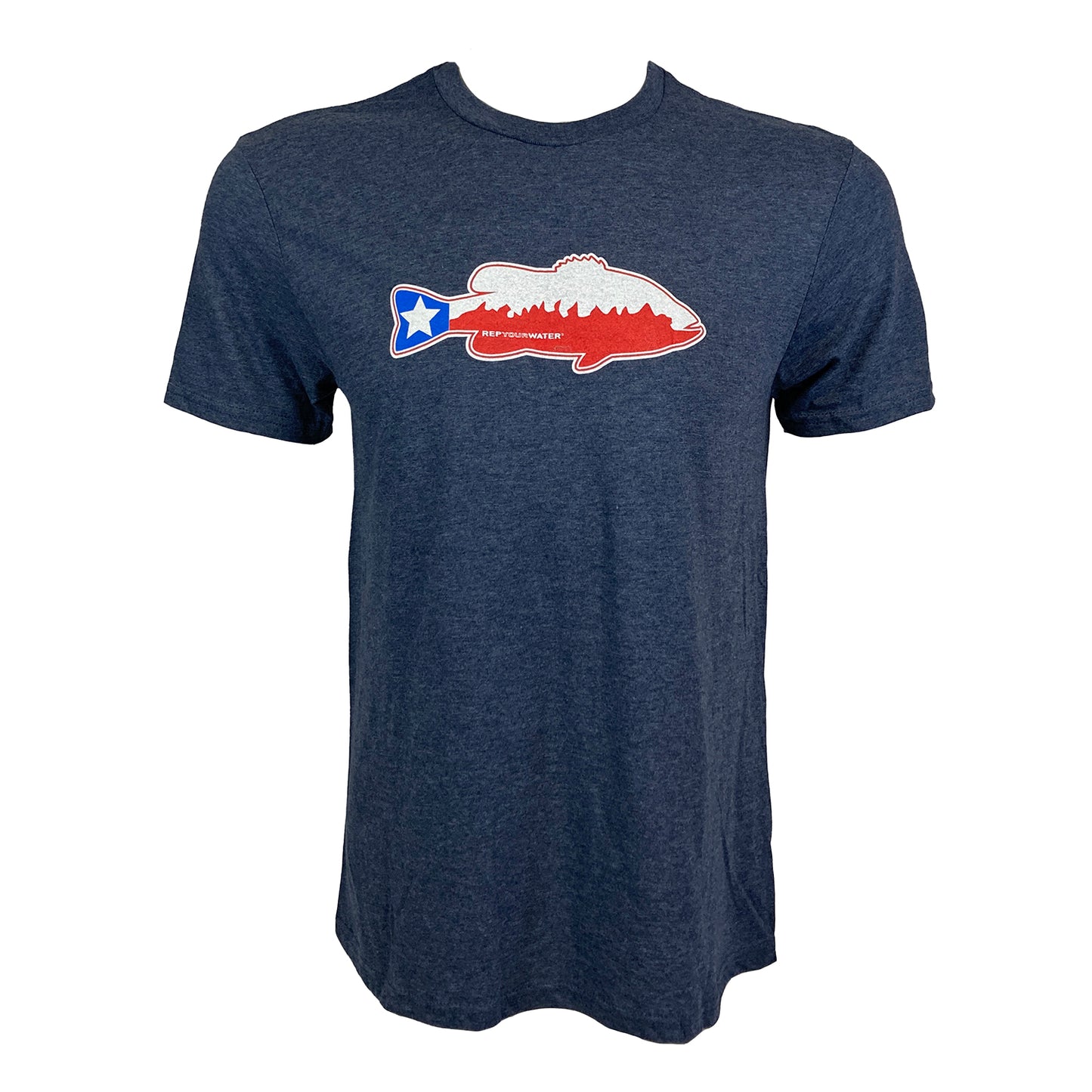 Blue tee shown from the front with Bass silhouette filled with Texas Flag across the chest.