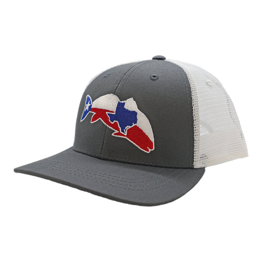 gray hat with white mesh back with the silhouette of a redfish with the texaas flag and the state of texas silhouette in the fish