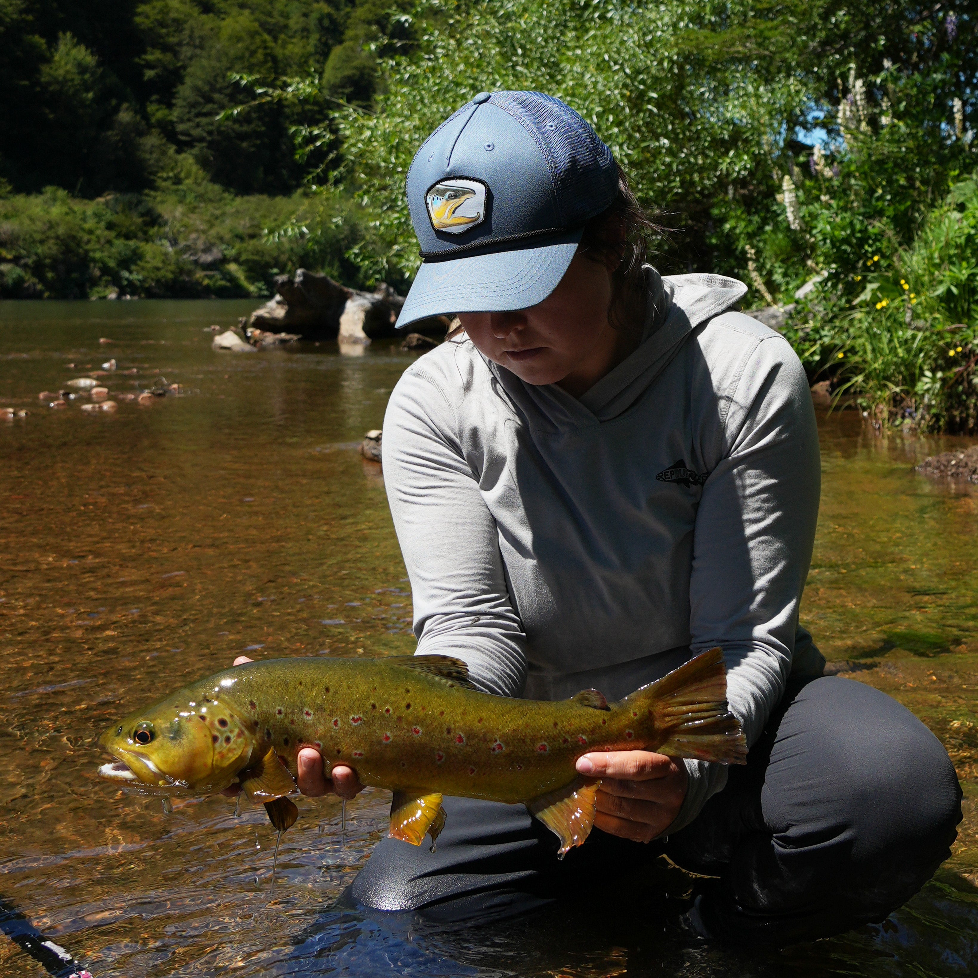 Person kneeling in a shallow river holding a brown trout, wearing a gray hoodie and a dark cap, with trees and rocks in the background.