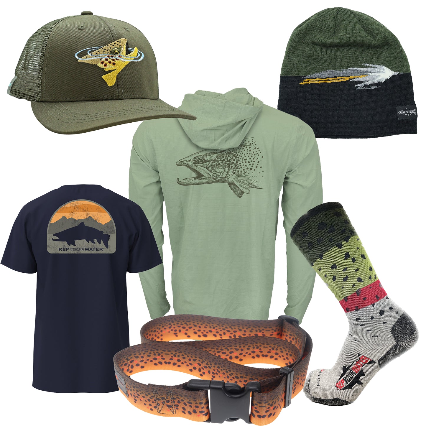 Ultimate trout gift bundle consisting of a flolite sun hoody, a brimmed hat, a knit hat, tee shirt, socks and wasing belt all trout themed