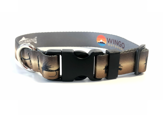 A brown/tan nylon dog collar is shown. Blackdry flies are printed on it.