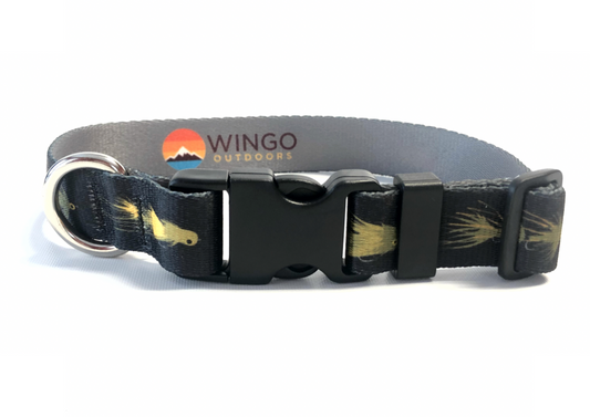 Black collar with plastic clasp and metal D ring featuring artistically rendered streamers.