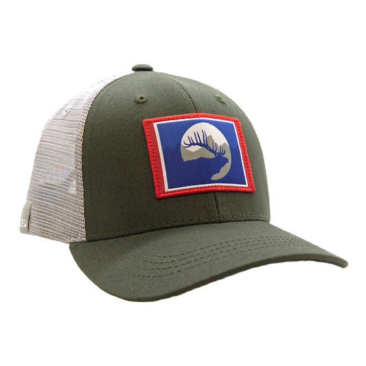 a hat that is green in front and gray mesh in bac. on the front shows an elk silhouette with mountains in the background. 