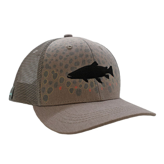 a hat with white mesh back and light brown front. The front features a brown trout flank design and a big trout silhouette in black