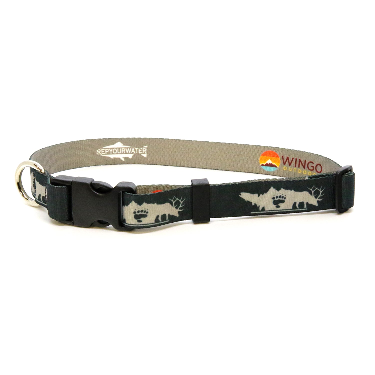 A navy dog collar with a design of a trout bear paw and elk is shown