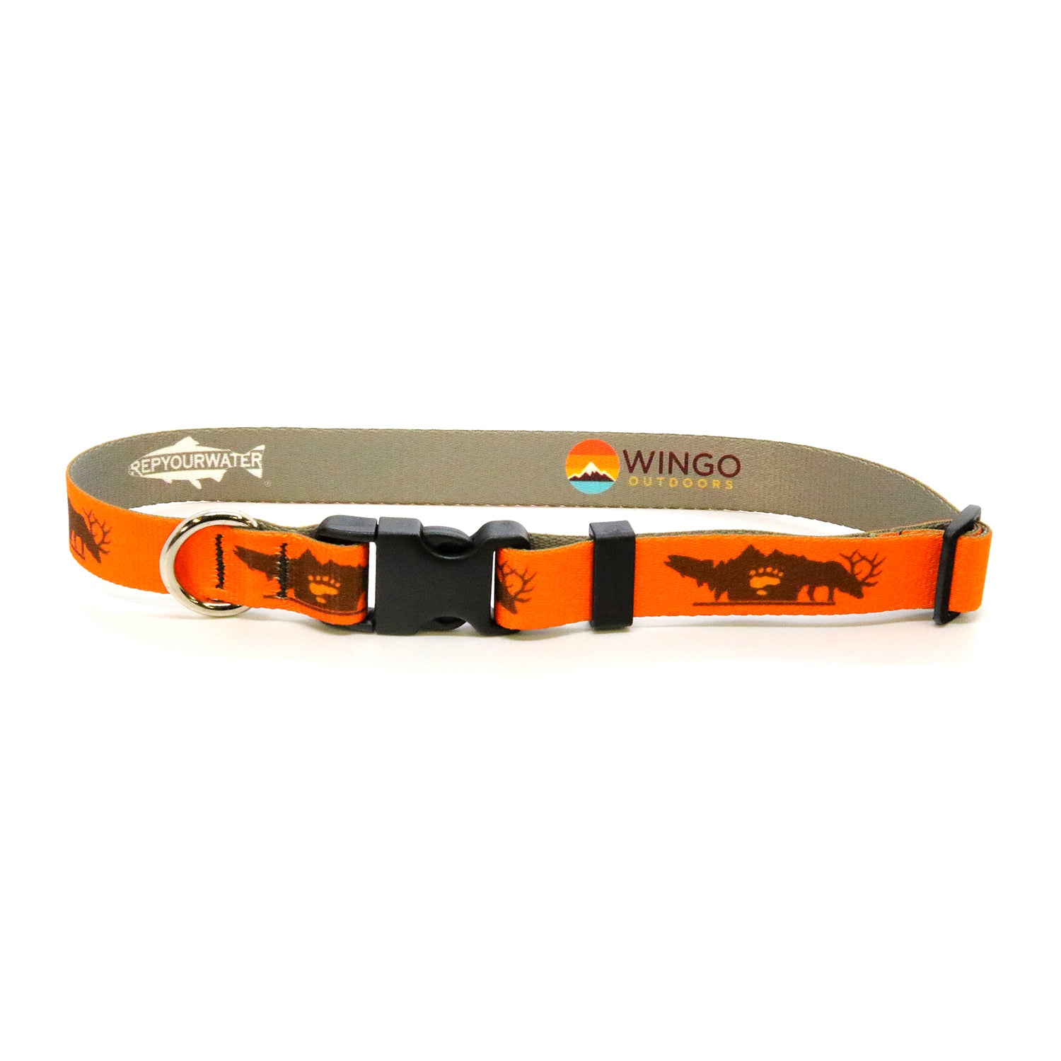 An orange dog collar with a design of a trout bear paw and elk is shown