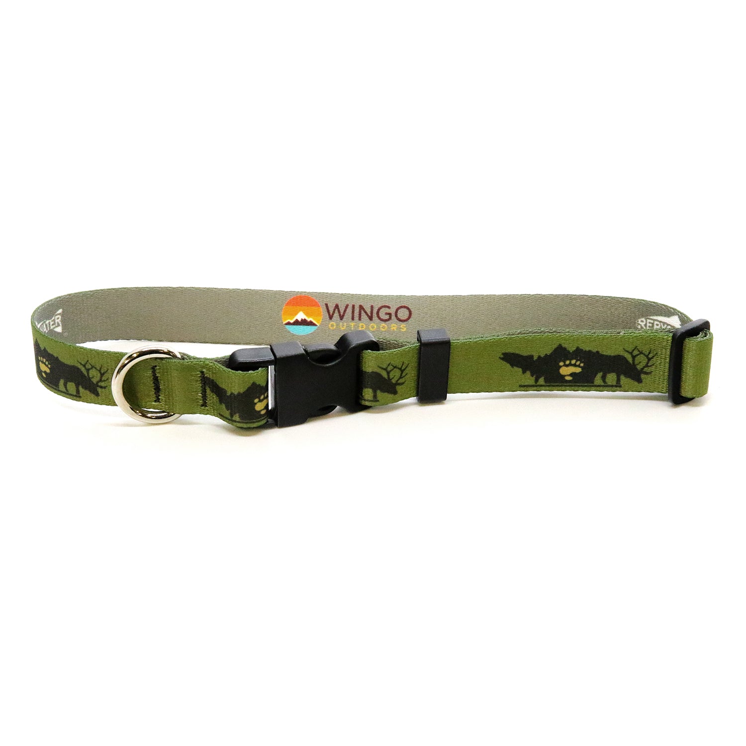 A green dog collar with a design of a trout bear paw and elk is shown