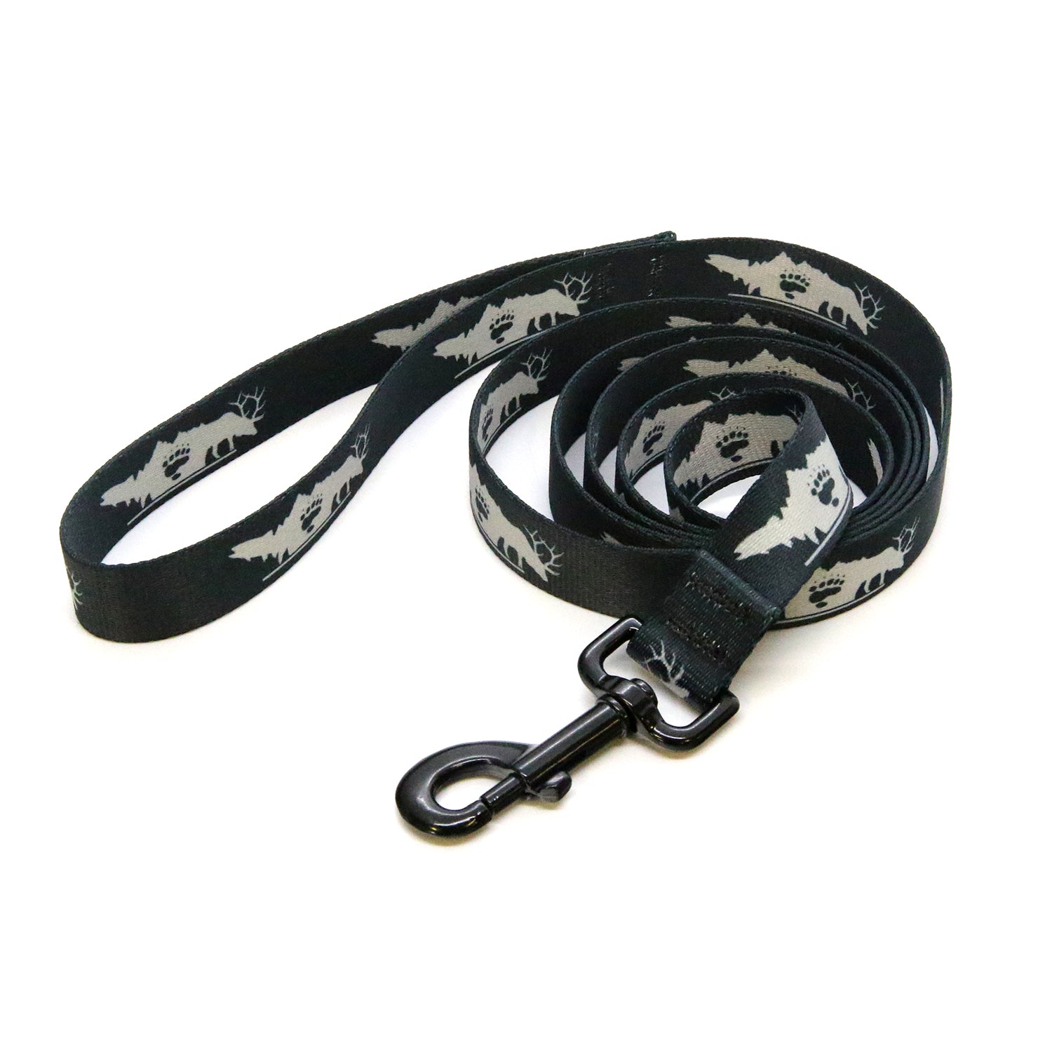 A navy dog leash with a design of a trout bear paw and elk is shown