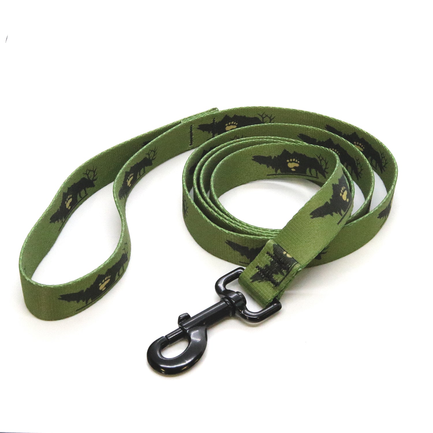 A green dog leash with a design of a trout bear paw and elk is shown