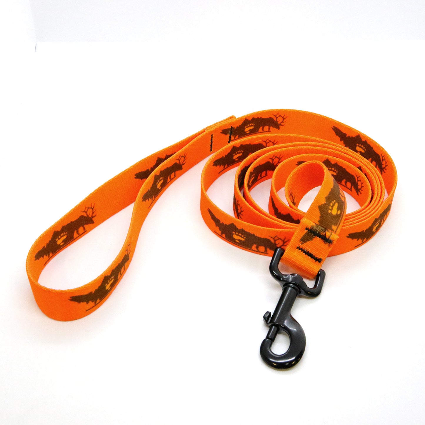 An orange dog leash with a design of a trout bear paw and elk is shown