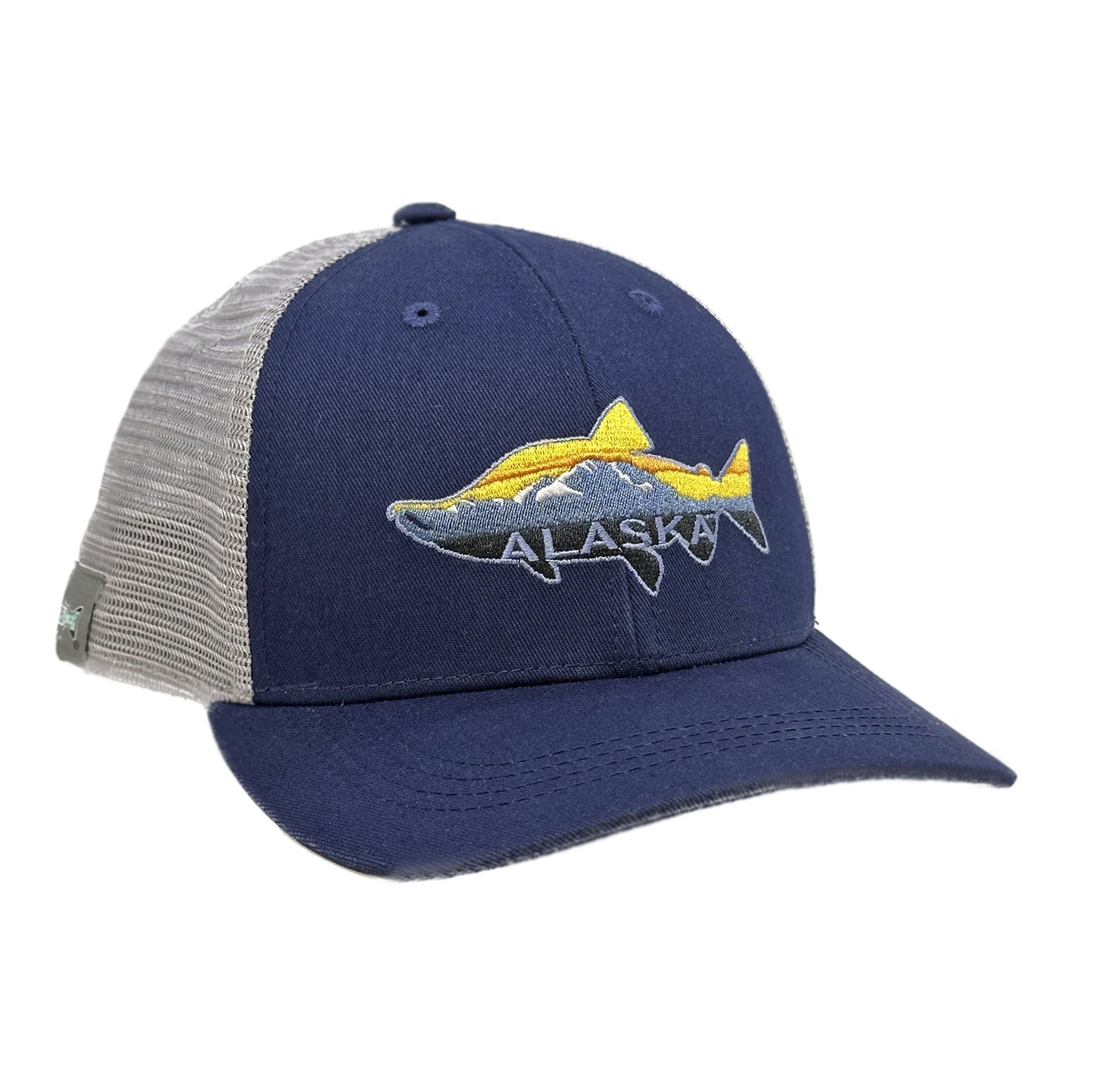 Navy hat with grey mesh bag with a Sockeye salmon shaped patch with a mountain range within
