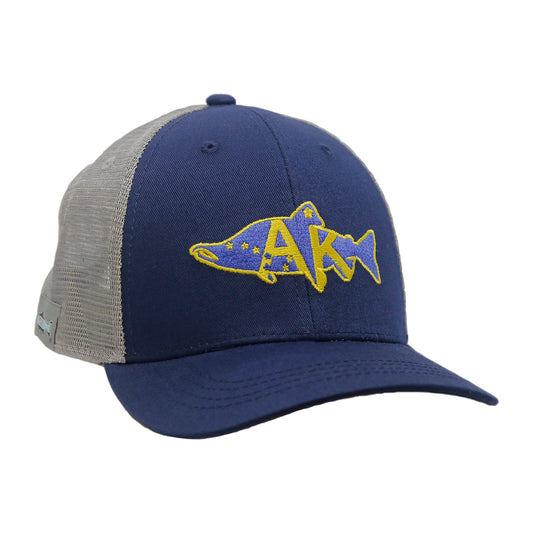 a baseball style cap has blue fabric with embroidery on the front of a salmon with AK in the middle and stars forming the big dipper in blue and yellow the back mesh is light gray