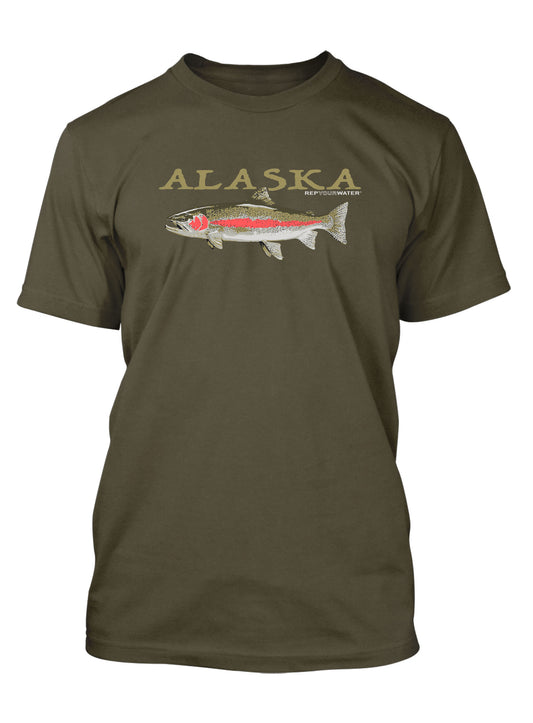 A green short sleeved shirt displays a design that says alaska and has a rainbow trout