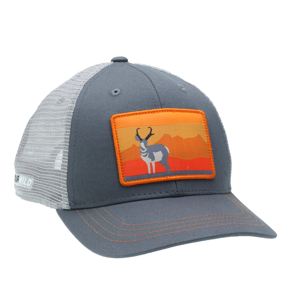 A hat with gray mesh in back and gray fabric in front features an antelope in front of mountains on a rectangular patch.