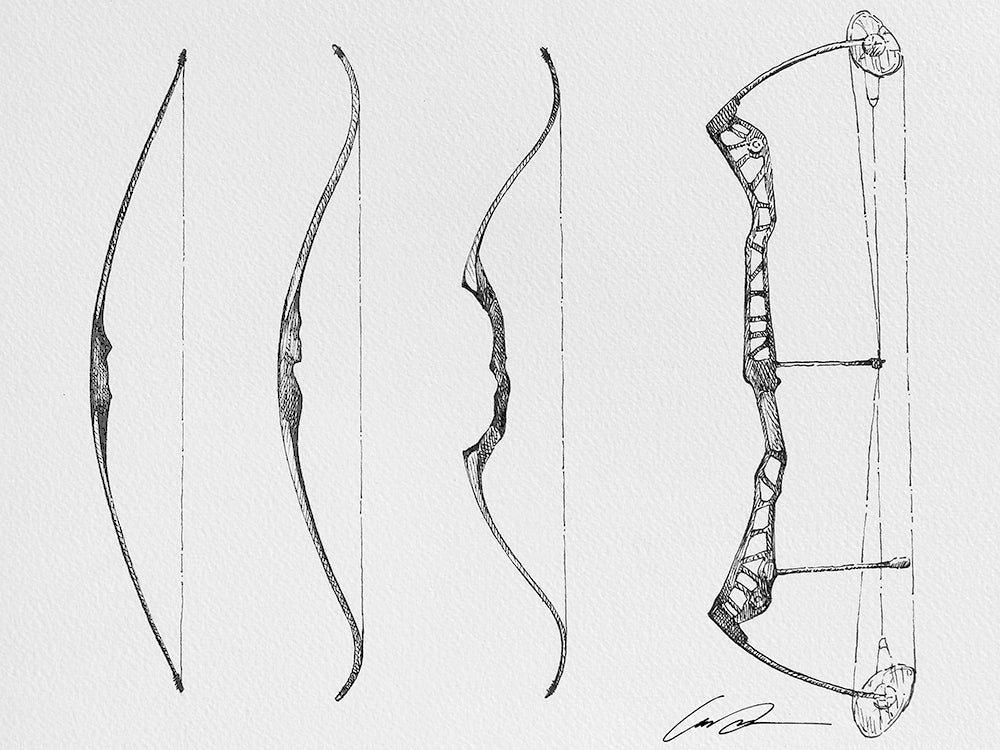 A drawing of four hunting bows. Three are traditional long bows and the last one is a modern compound bow