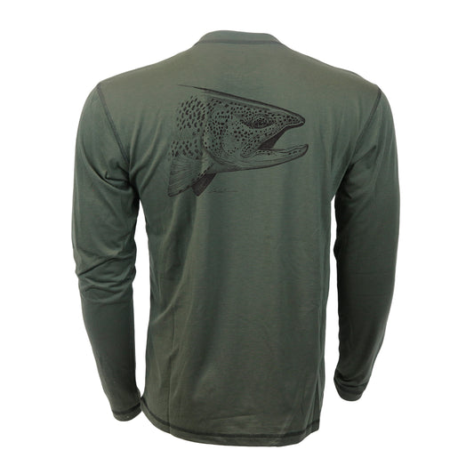 the backside of green longsleeve sunshirt with the head of a rainbow trout in black