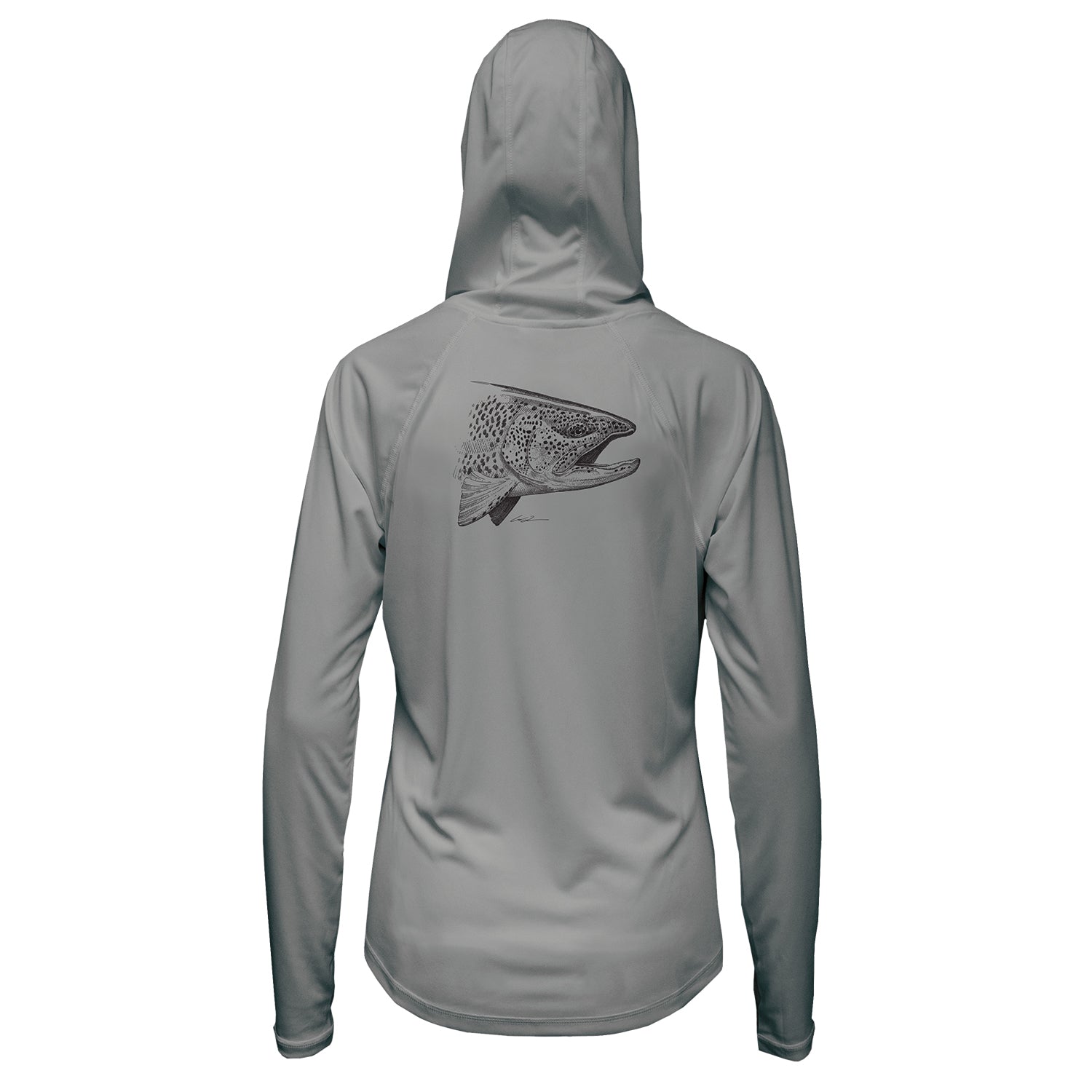 backside of gray longsleeve sun hoody with the head of a rainbow trout in black