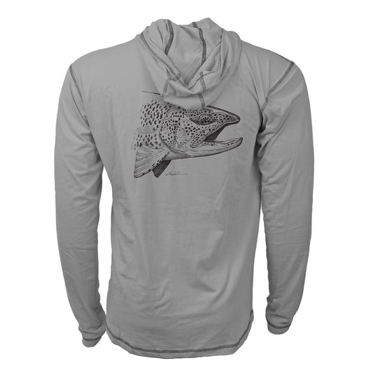 backside of gray sun hoody with the head of a rainbow trout in black