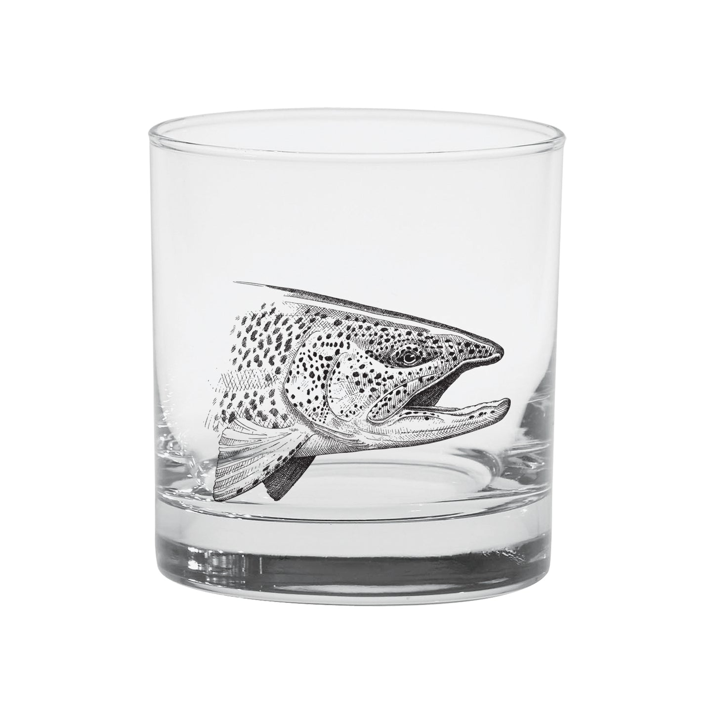 Old Fashioned glass with rainbow trout head in black ink