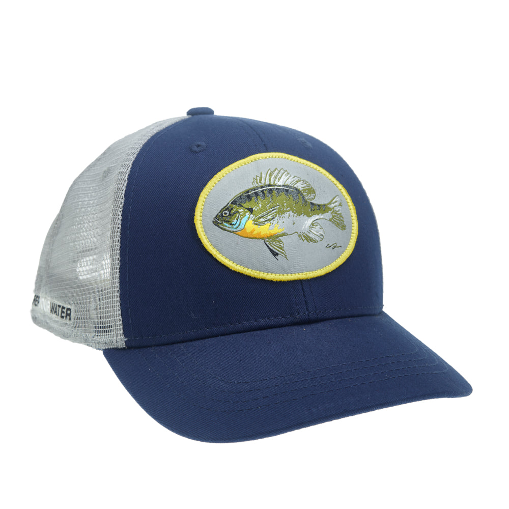 A hat with gray mesh in back and navy fabric on front has an oval patch with a bluegill fish on it