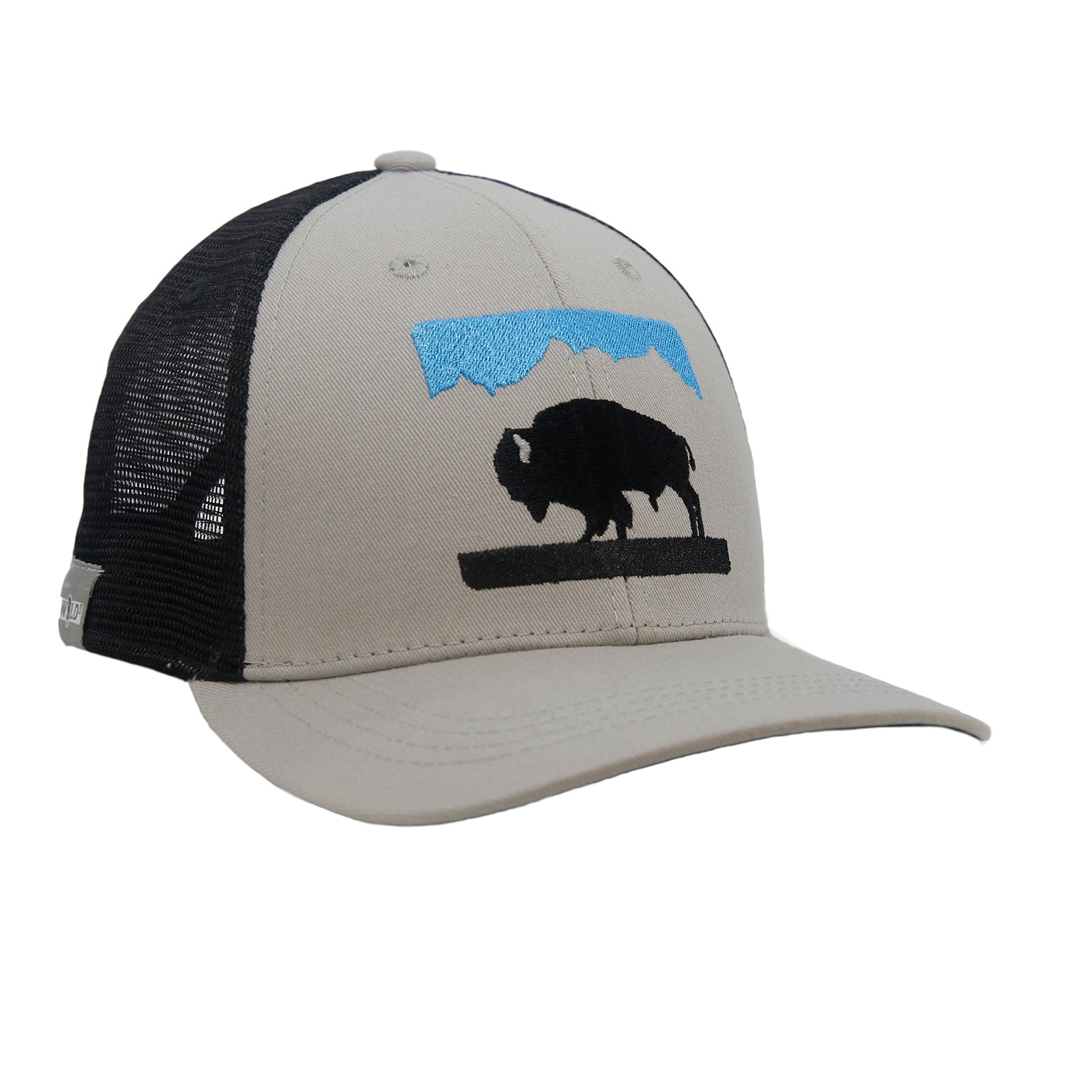 A hat with black mesh and gray fabric in front has an image of a bison under a blue sky