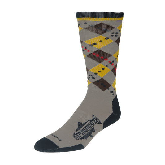 A sock with a brown, tan and yellow argyle pattern with black and red dots and a logo that says RepYourWater inside a trout silhouette on the foot