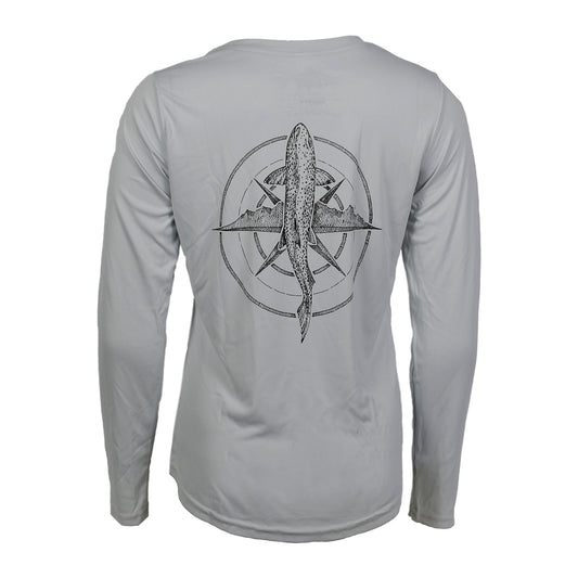 A gray longsleeved shirt with A drawing of a brown trout from above with a compass behind it on the back