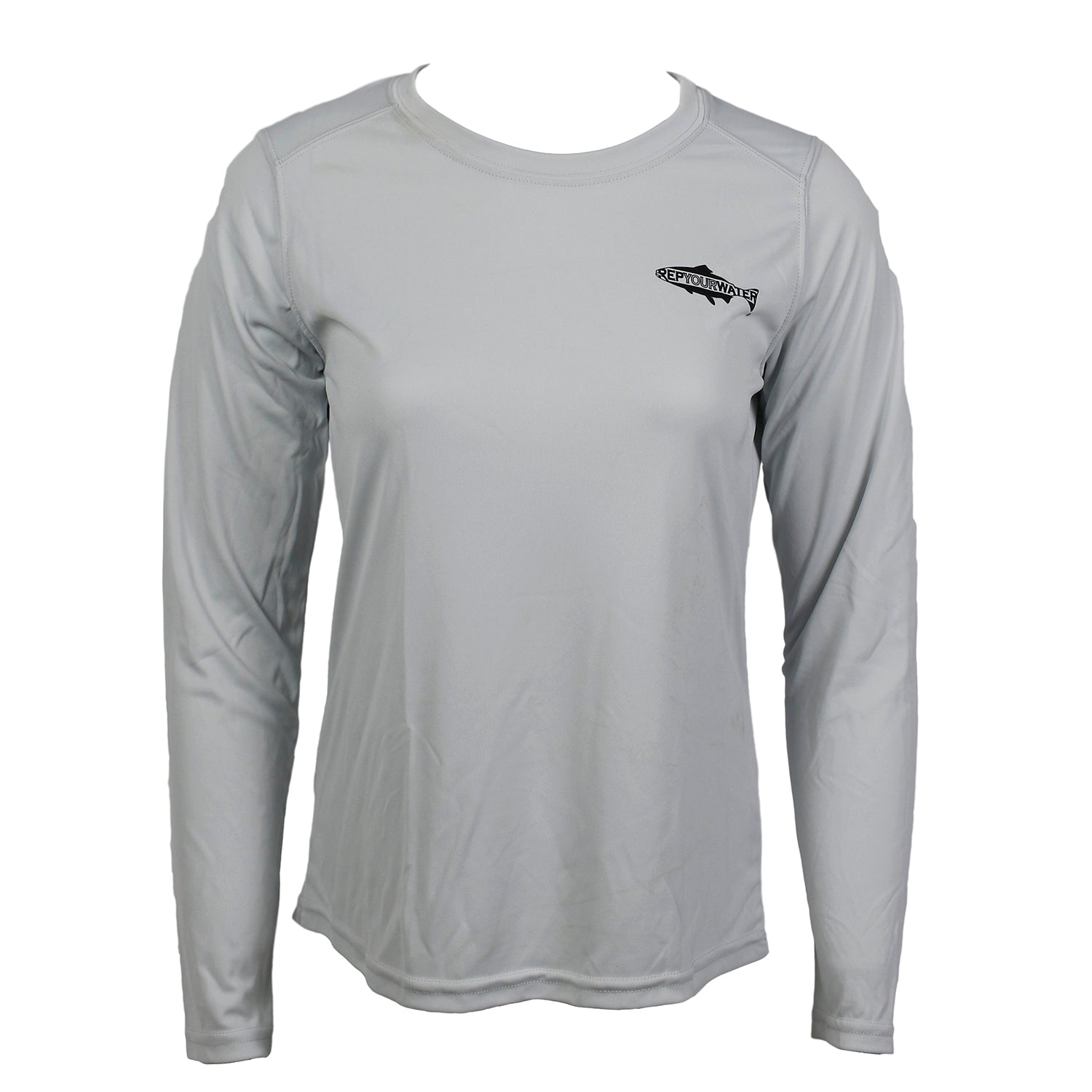 The front of a longsleeved shirt with a logo on the front chest that says repyourwater inside a trout silhouette