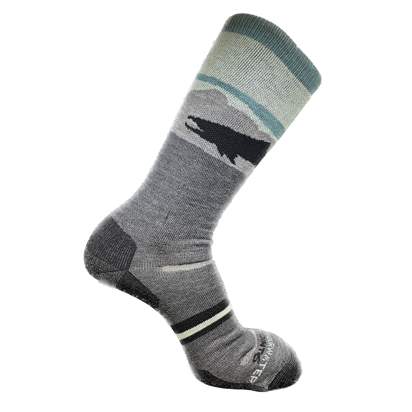 light gray/blue socks with a mountain range and trout silhouette