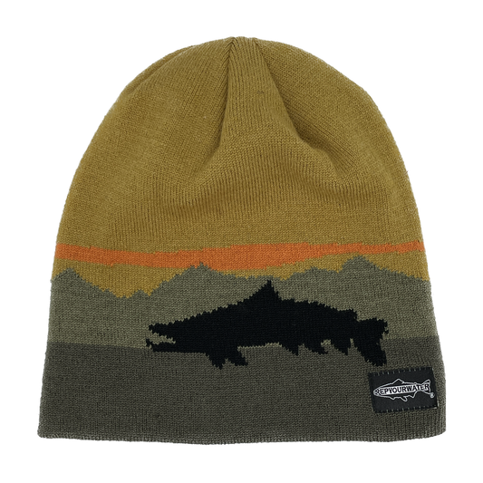 A winter hat with no cuff has a digitized image of a mountain range in the background with a black trout silhouette in the front.  There is a black tag that reads repyourwater.