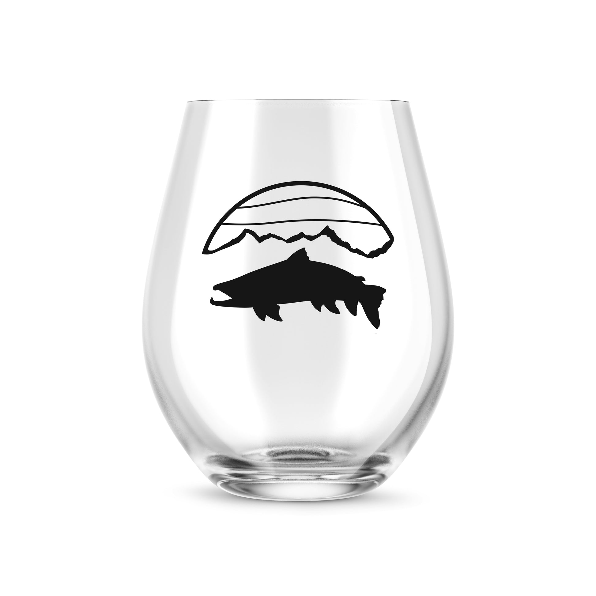 Whine glass with trout silhouette and mountains