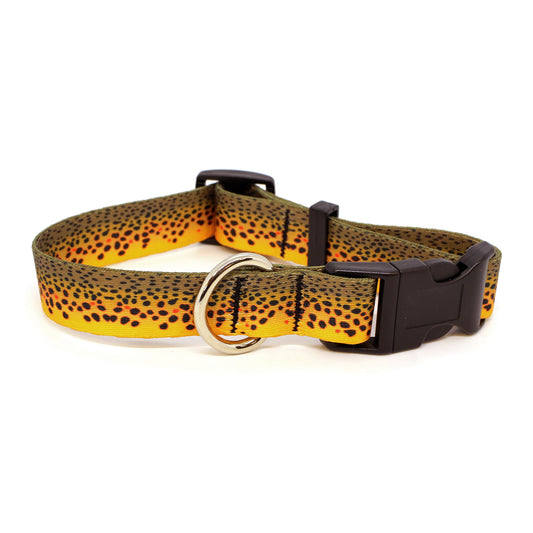 A dog collar with the print of brown trout skin on it 
