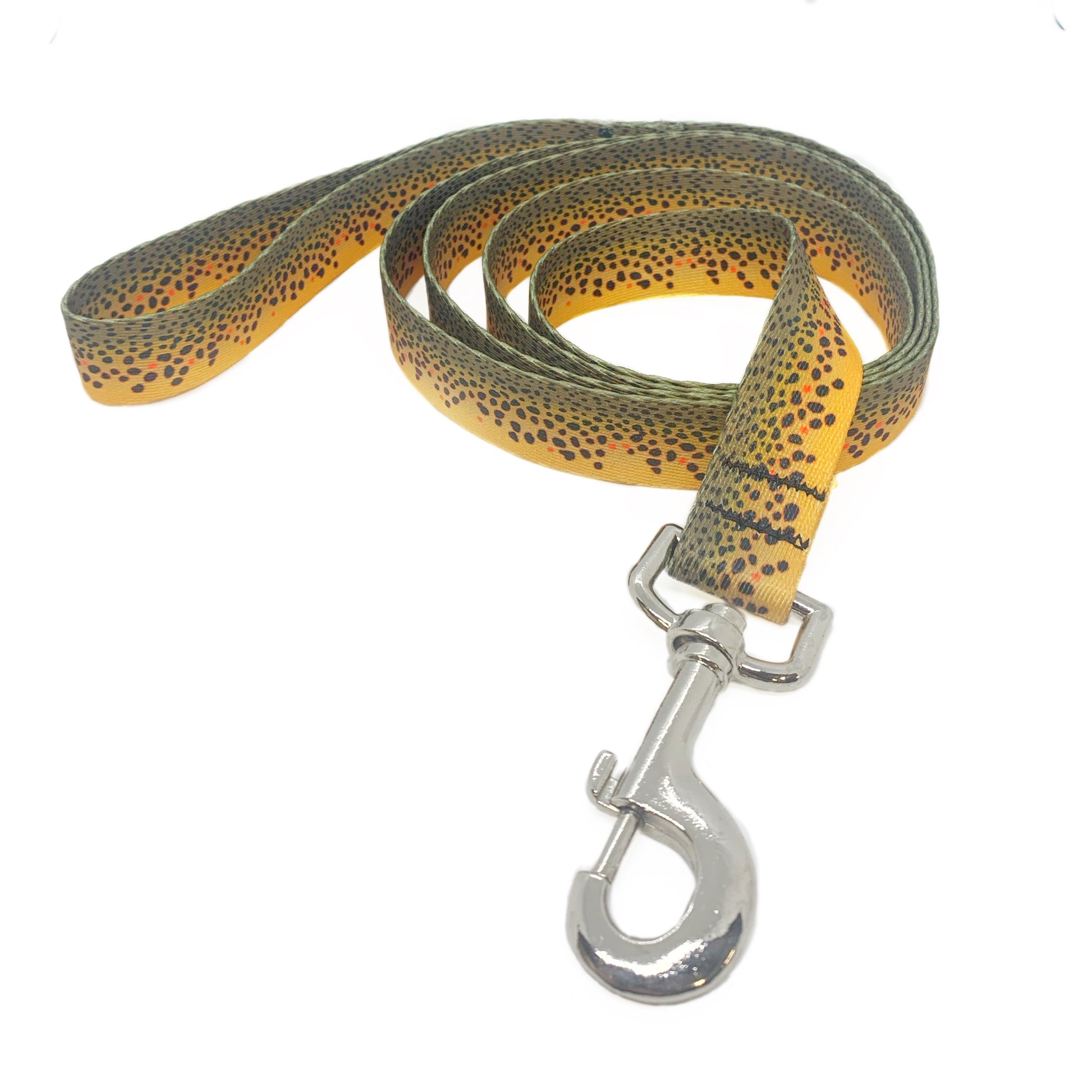 A dog leash with the pattern of brown trout skin printed on it