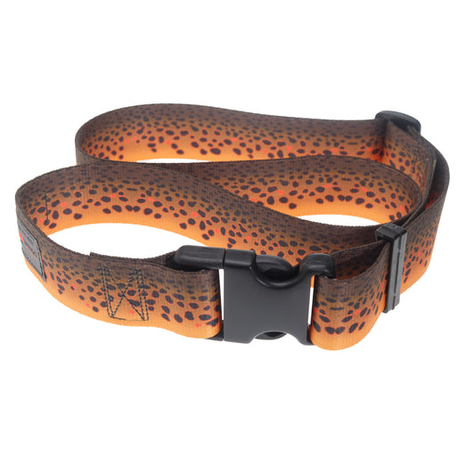 A nylon belt with a pattern of brown trout skin has a plastic clip
