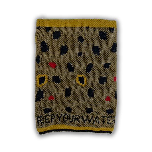 A knitted merino wool drink sweater with a brown trout pattern