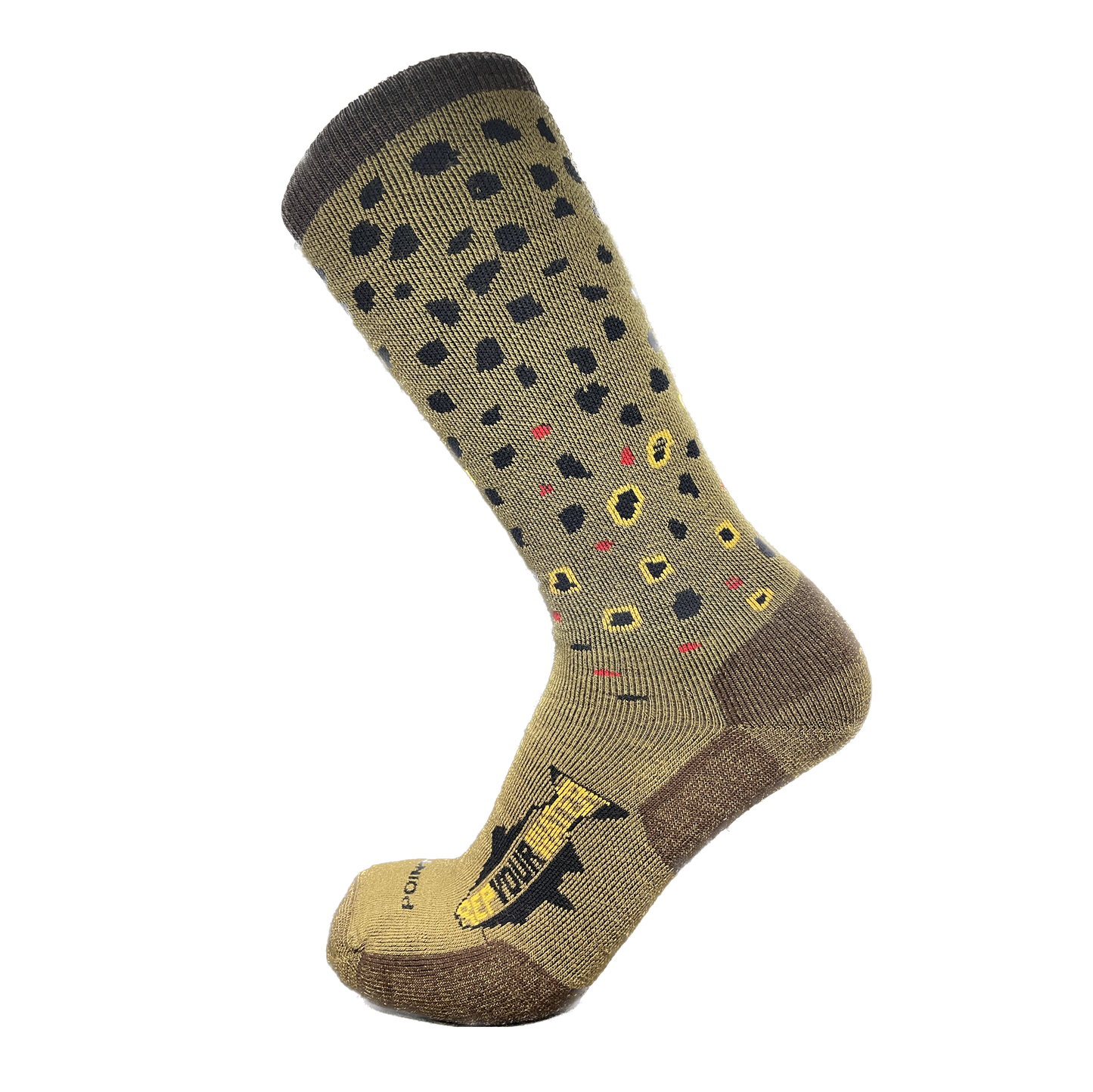 A sock with the pattern of a brown trout also has a logo on the foot that reads repyourwater in a trout silhouette