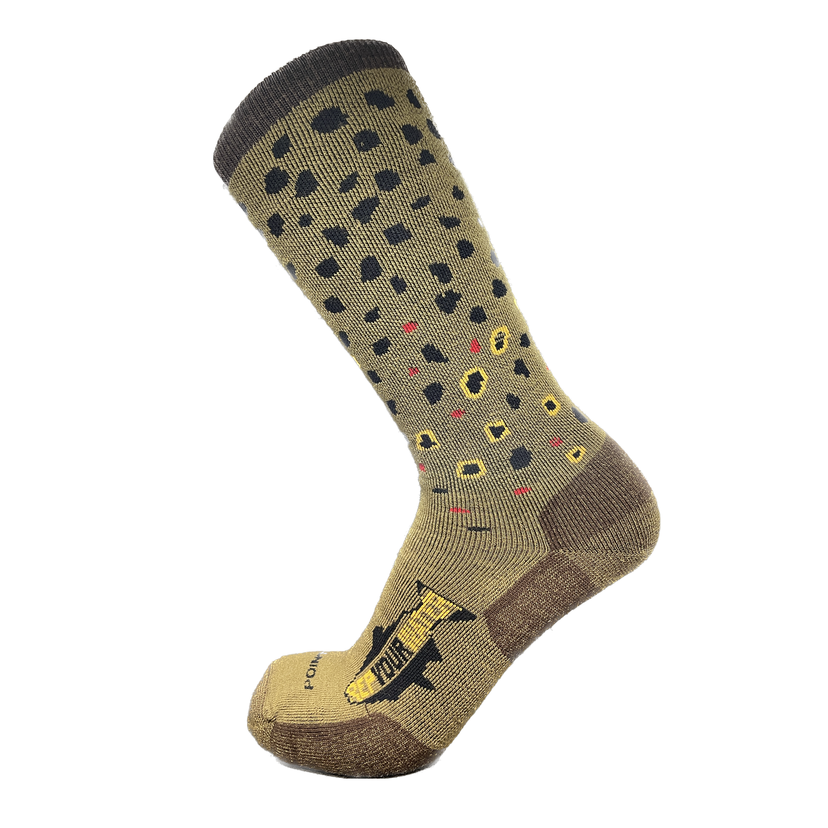 A sock with the pattern of a brown trout also has a logo on the foot that reads repyourwater in a trout silhouette