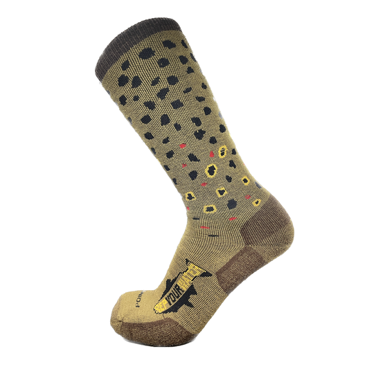 A sock with the pattern of a brown trout also has a logo on the foot that reads repyourwater in a trout silhouette