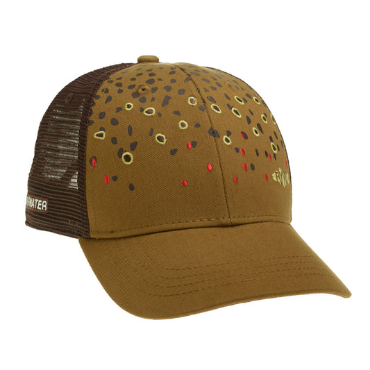 A hat with brown mesh in back and brown fabric in front with a print and embroidery imitating brown trout skin and a fish silhouette that says RYW inside