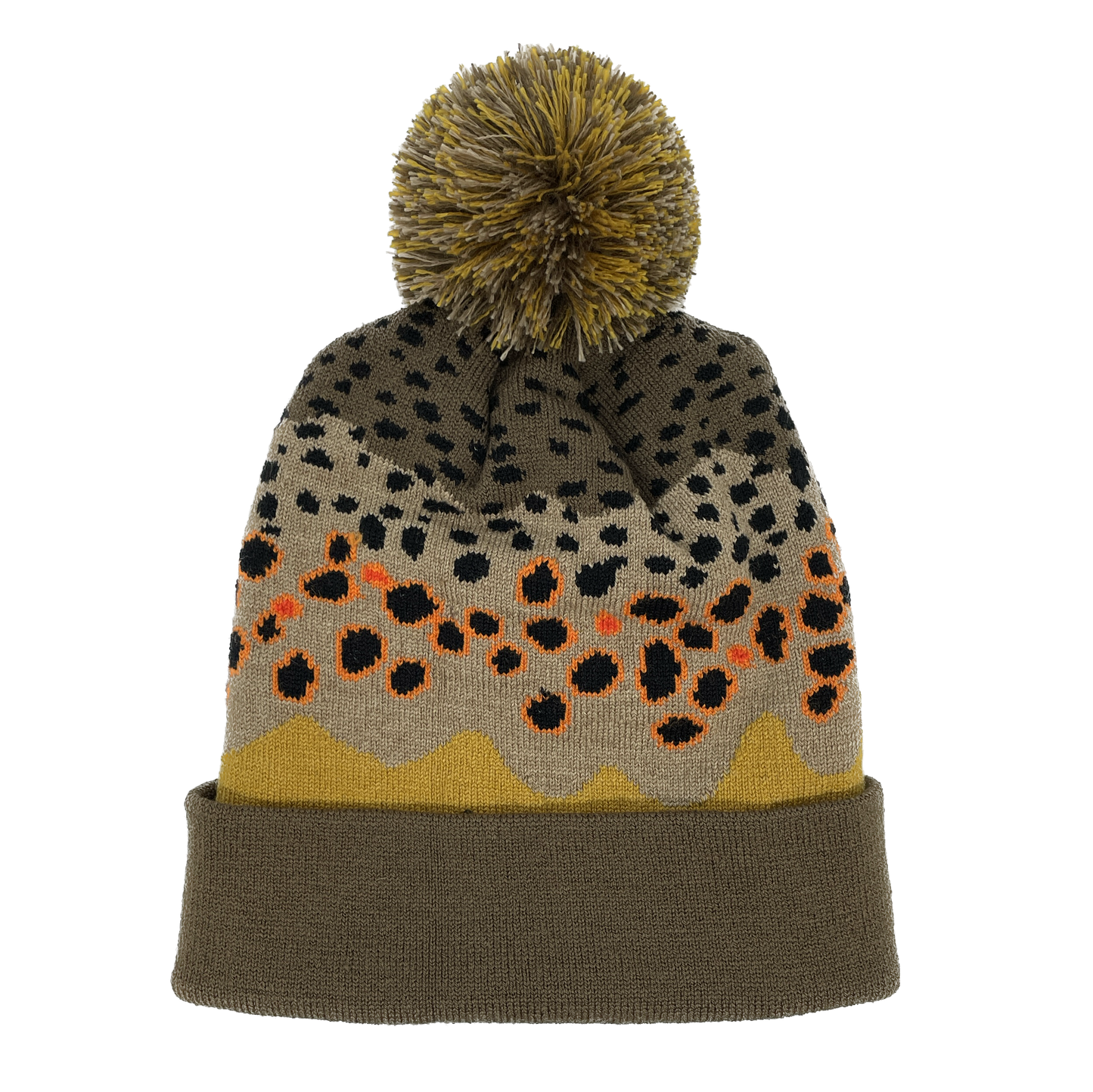 A winter hat with a brown cuff and the pattern of brown trout skin and a poof on top