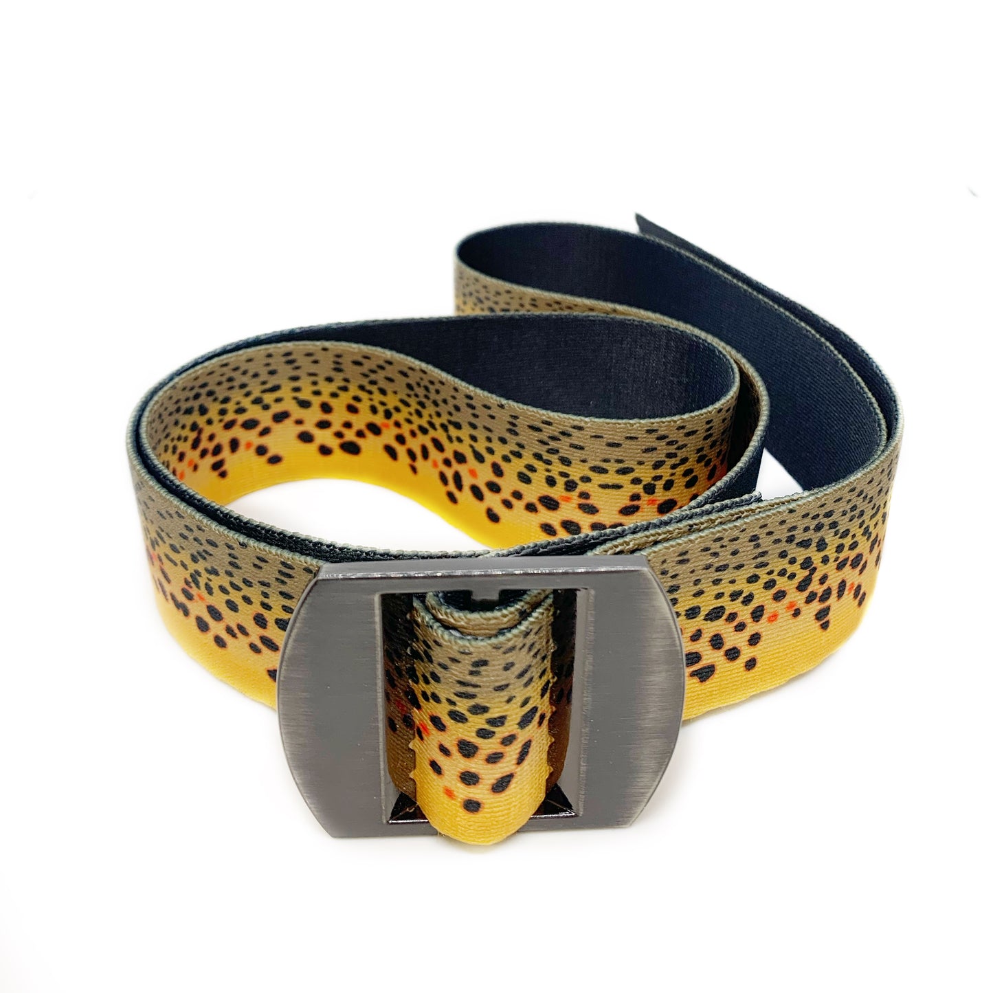 A nylon belt with a metal buckle has brown trout print