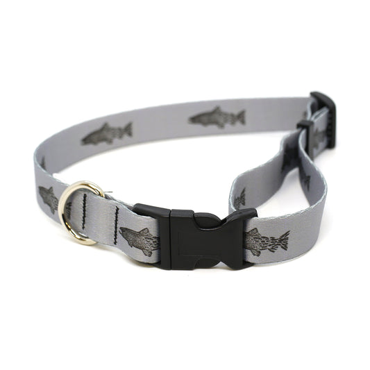 grey dog collar with black buckles and metal ring that has repeated pattern of a brown trout that transitions into flies towards the tail