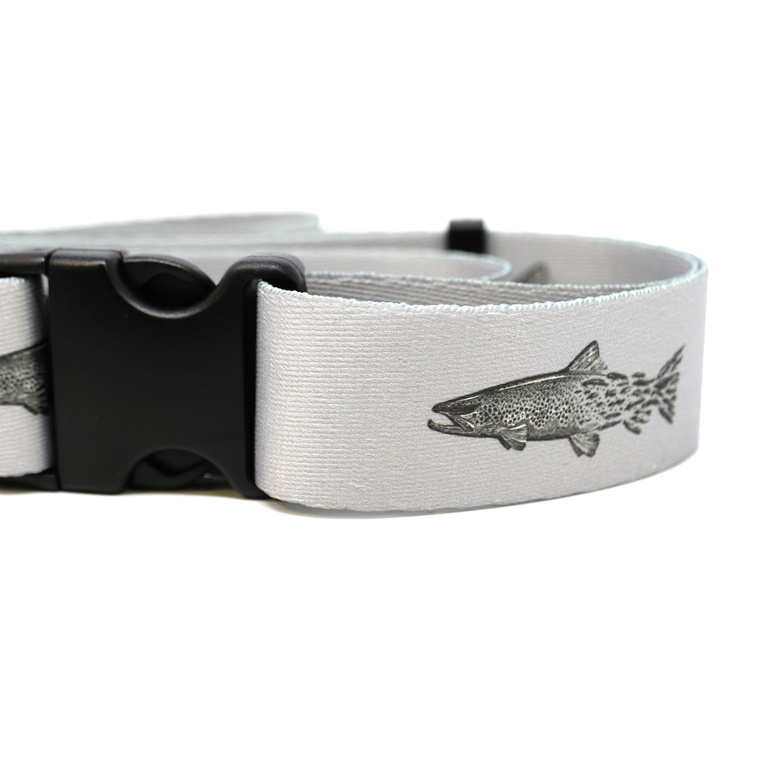 grey wading belt that has repeated pattern of a brown trout that transitions into flies towards the tail